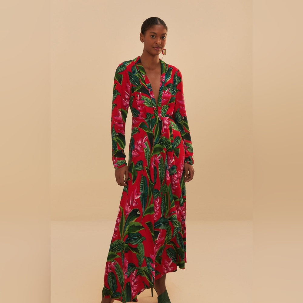 FARM Rio red dream garden long sleeve Maxi Dress, NWT SIZE M
